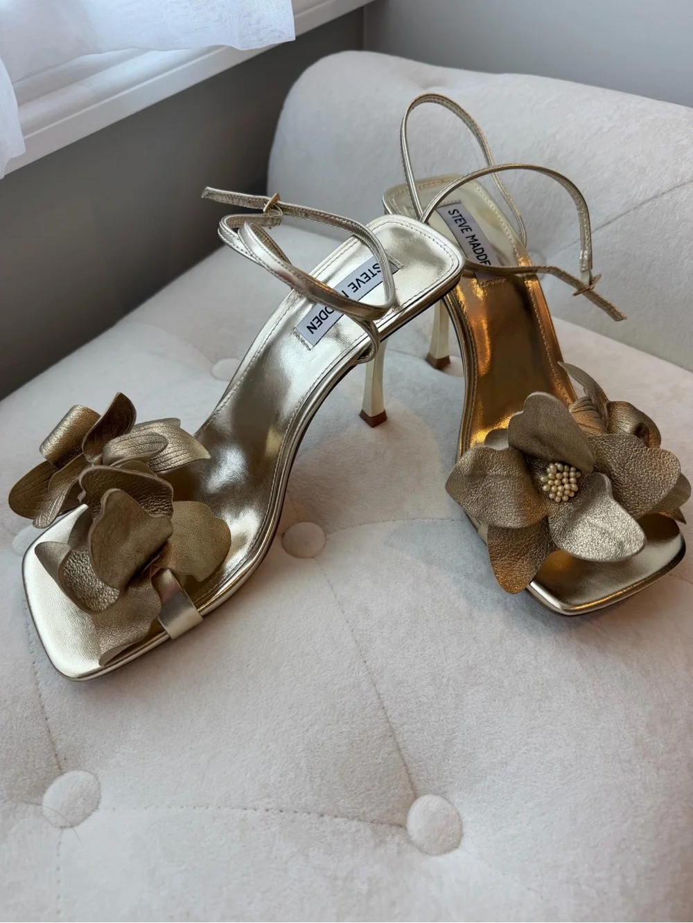 Steve Madden Gold Floral Metallic Ankle-Strap Heels-NWT(+box)